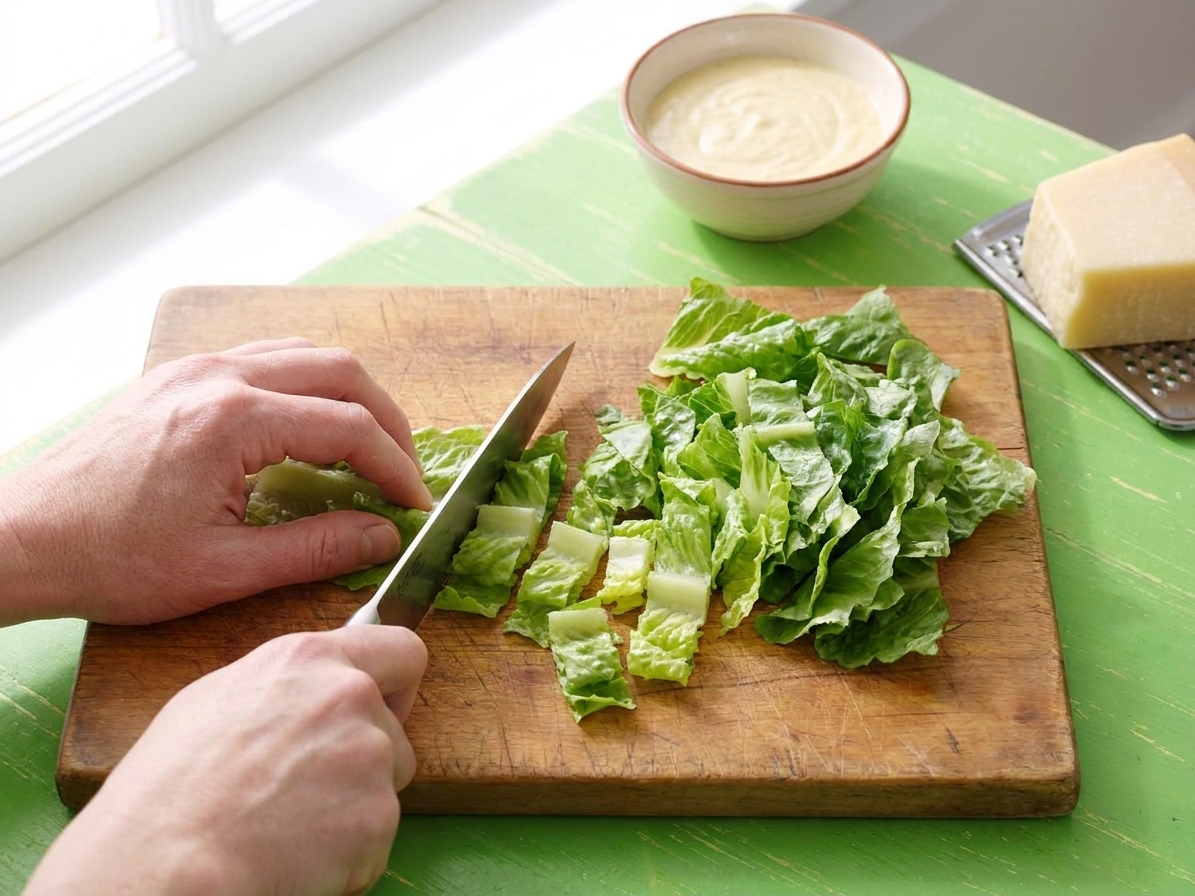 Fresh romaine lettuce being chopped on a wooden cutting board in a bright kitchen