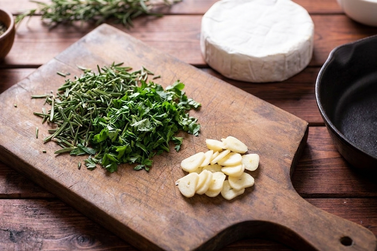 Fresh rosemary and parsley chopped beside thinly sliced garlic on a cutting board, with a small wheel of Brie nearby on a kitchen counter