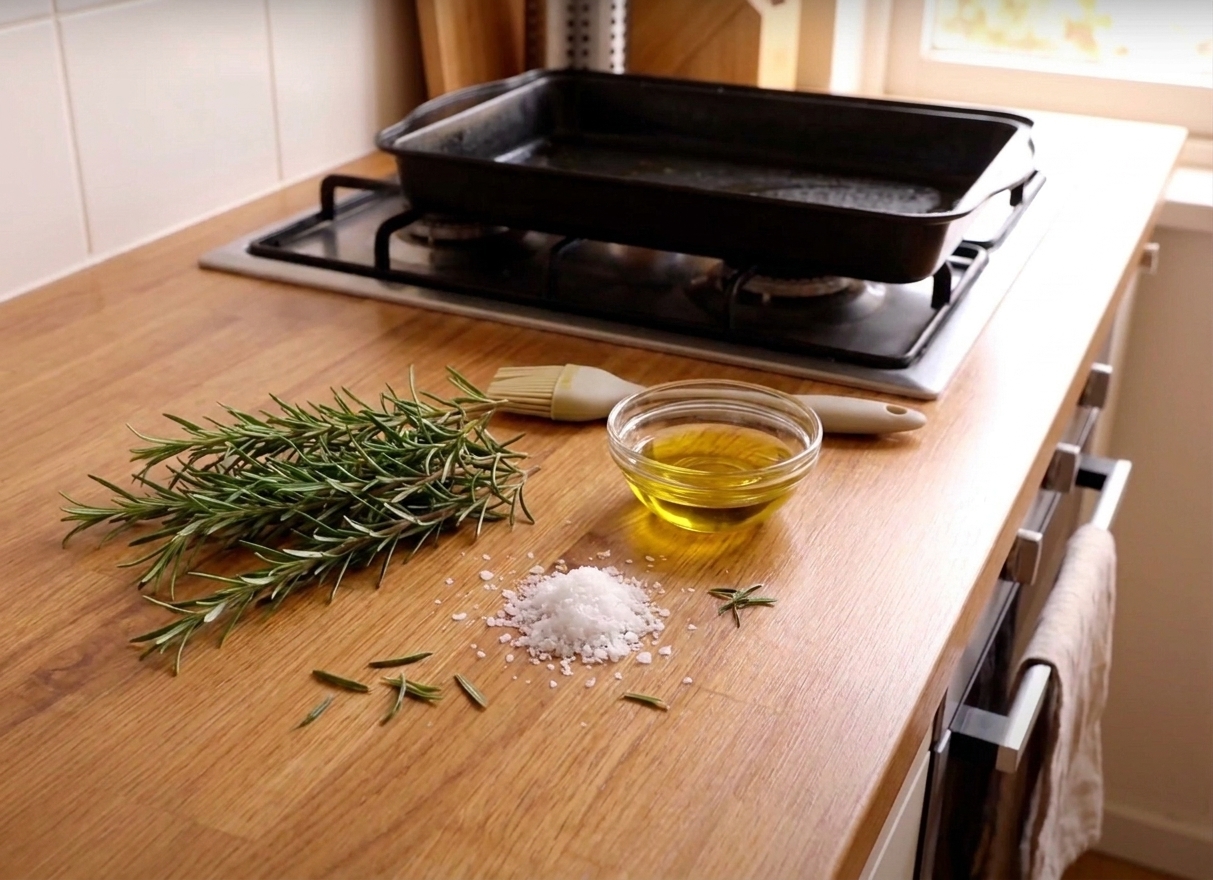 Fresh rosemary, flaky salt, and olive oil