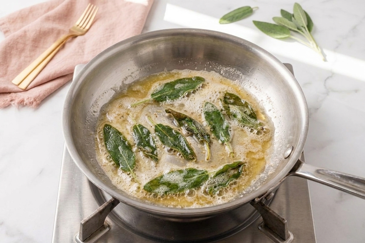 Fresh sage leaves frying in butter in a small skillet on a stovetop