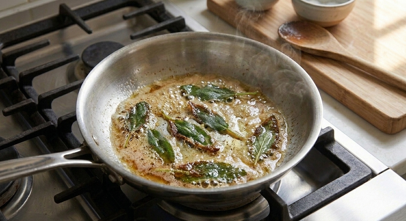 Fresh sage leaves sizzling in melted butter in a small skillet on a stovetop, edges turning crisp