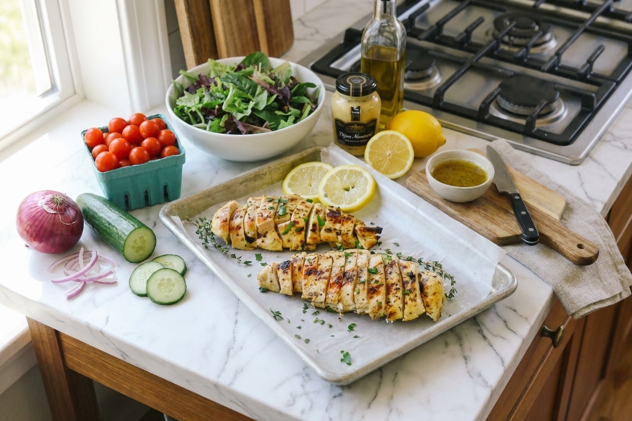 Fresh salad ingredients including mixed greens, cherry tomatoes, cucumber, red onion, lemons, Dijon mustard, olive oil, and cooked chicken arranged on a kitchen counter with warm natural light