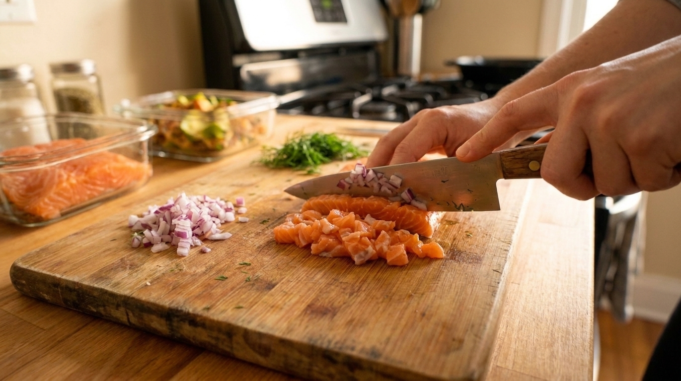 Fresh salmon being chopped by hand into small pieces on a wooden cutting board, with a chef's knife in frame on a clean kitchen counter