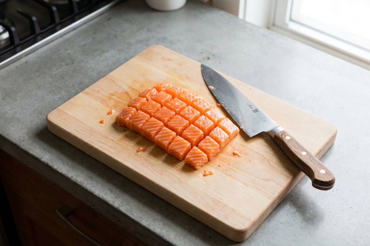 Fresh salmon cut into neat half-inch cubes on a cutting board with a chef's knife beside it on a kitchen counter