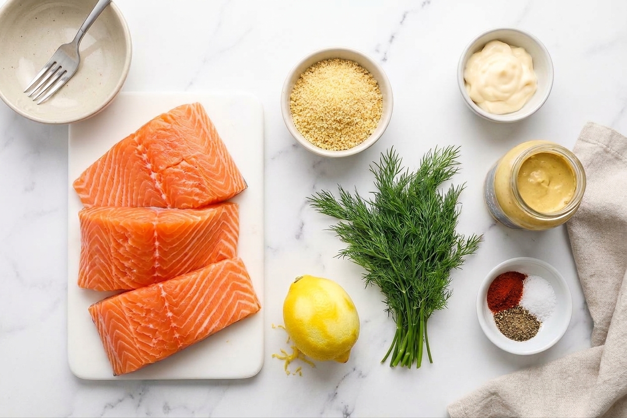 Fresh salmon, lemon, dill, breadcrumbs, mayonnaise, Dijon mustard, and spices arranged on a bright kitchen counter