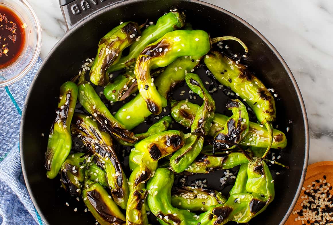 Fresh shishito peppers, lemon, soy sauce, sesame oil, flaky salt, and sesame seeds arranged on a clean kitchen counter with consistent warm lighting
