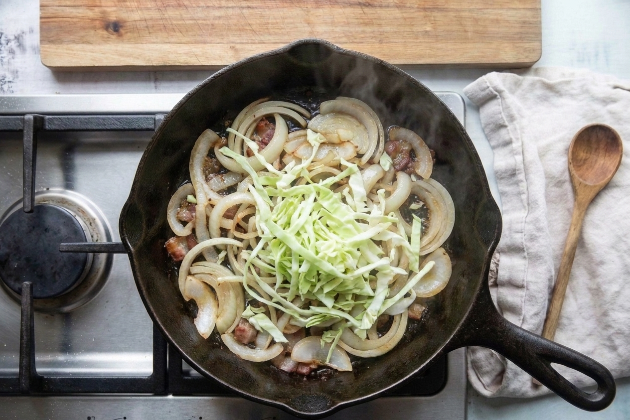Fresh shredded cabbage being added to a large skillet with sautéed onions