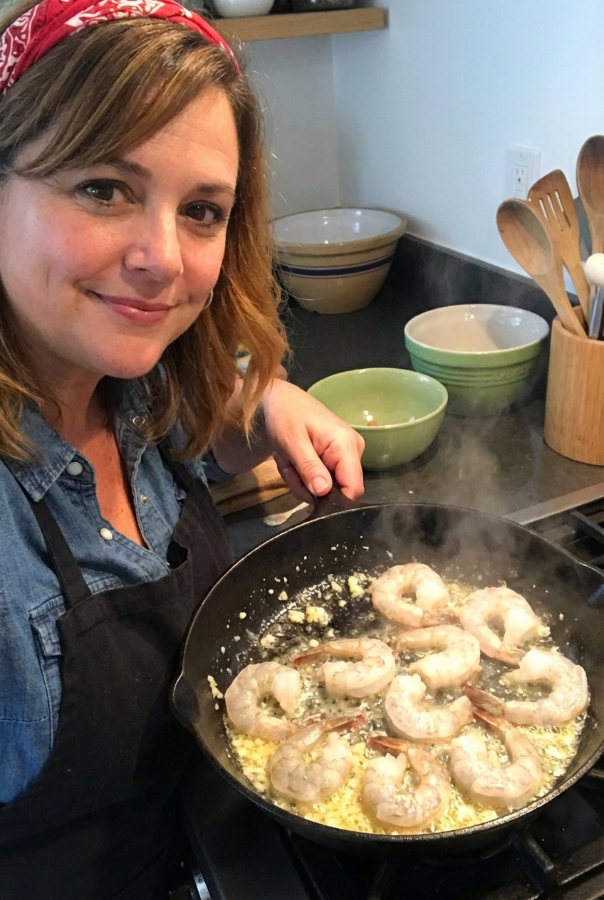 Fresh shrimp sizzling in a skillet with melted butter and minced garlic
