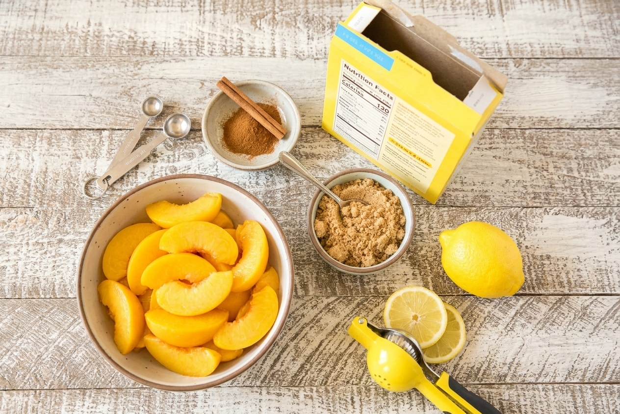 Fresh sliced peaches, brown sugar, cinnamon, lemon, and a box of yellow cake mix arranged on a bright kitchen counter
