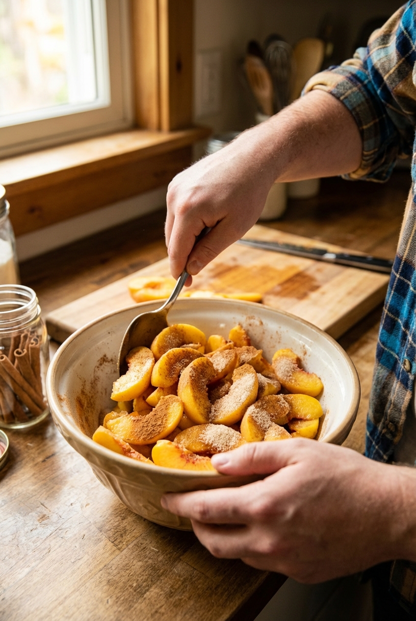 Fresh sliced peaches in a mixing bowl being tossed with cinnamon and sugar