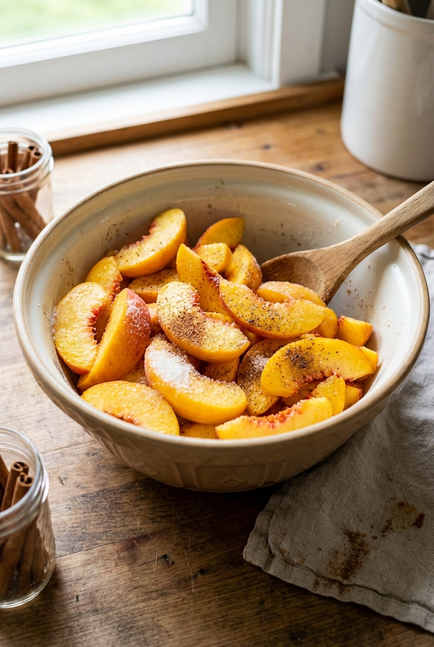 Fresh sliced peaches in a mixing bowl with sugar and spices