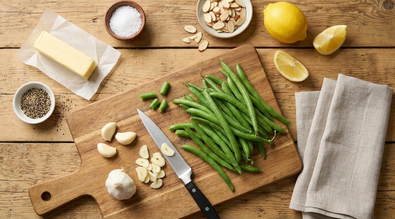 Fresh snap beans, garlic cloves, lemon, butter, sliced almonds, kosher salt, and black pepper arranged on a clean kitchen counter with a cutting board