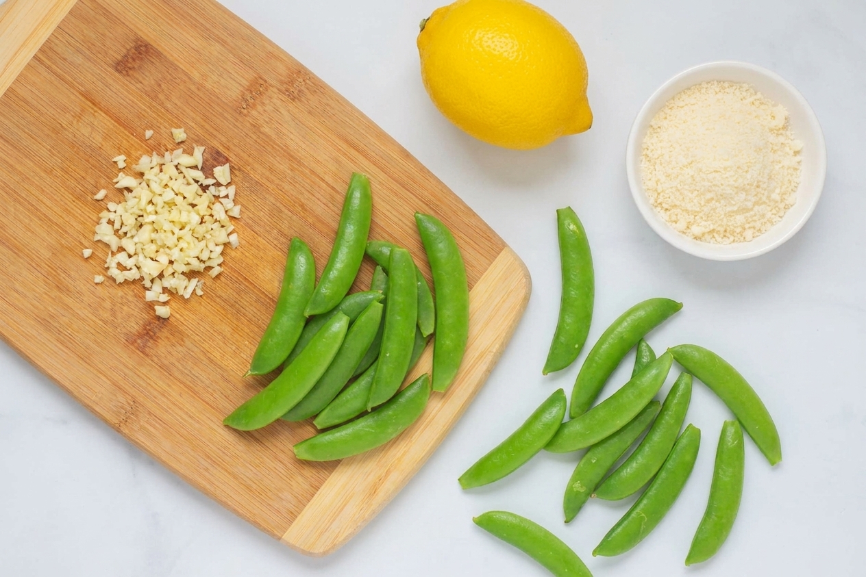 Fresh snap peas, a lemon, a small bowl of grated Parmesan, and minced garlic arranged on a light kitchen counter with a cutting board