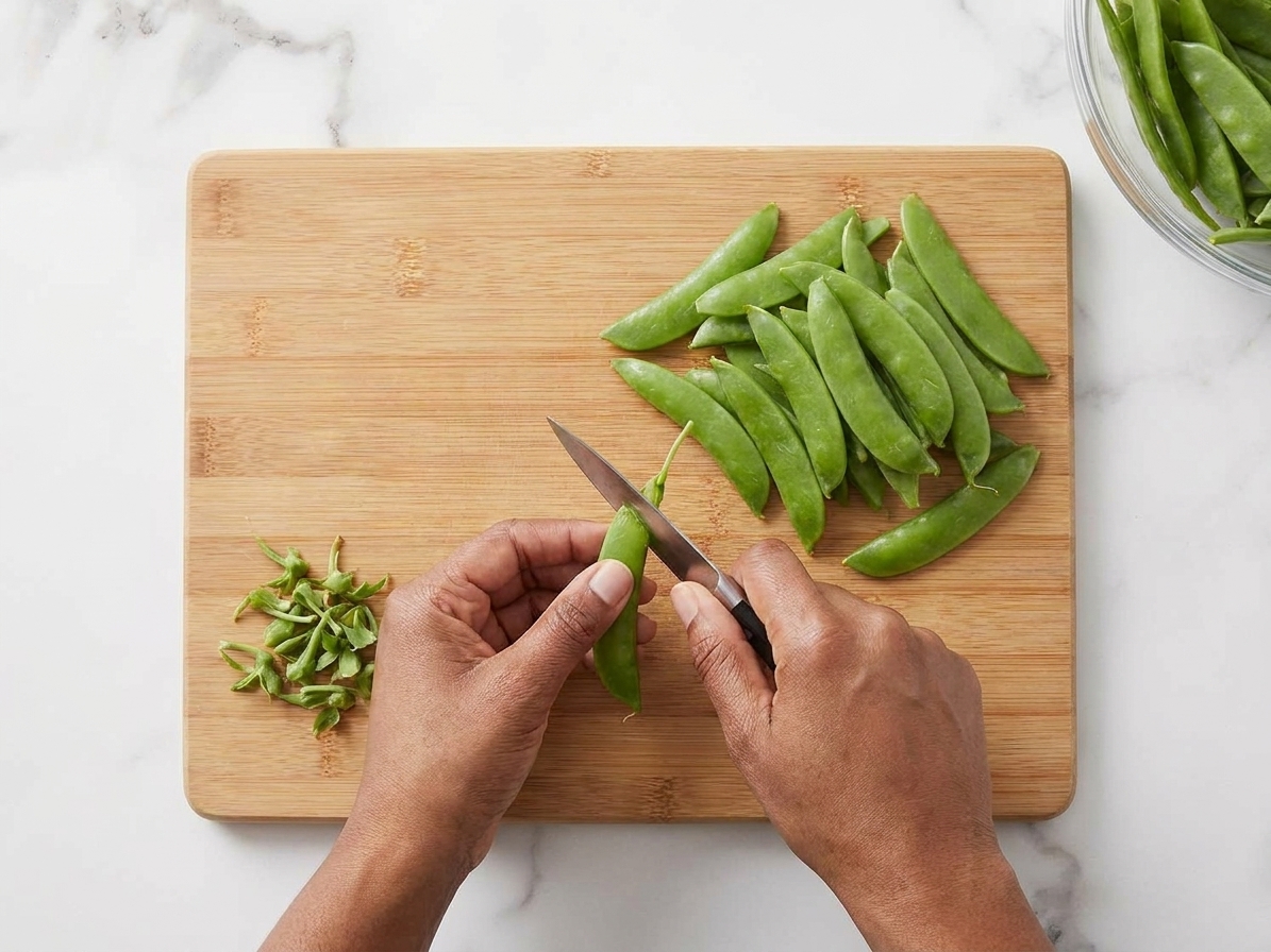 Fresh snow peas being trimmed on a wooden cutting board with a small paring knife