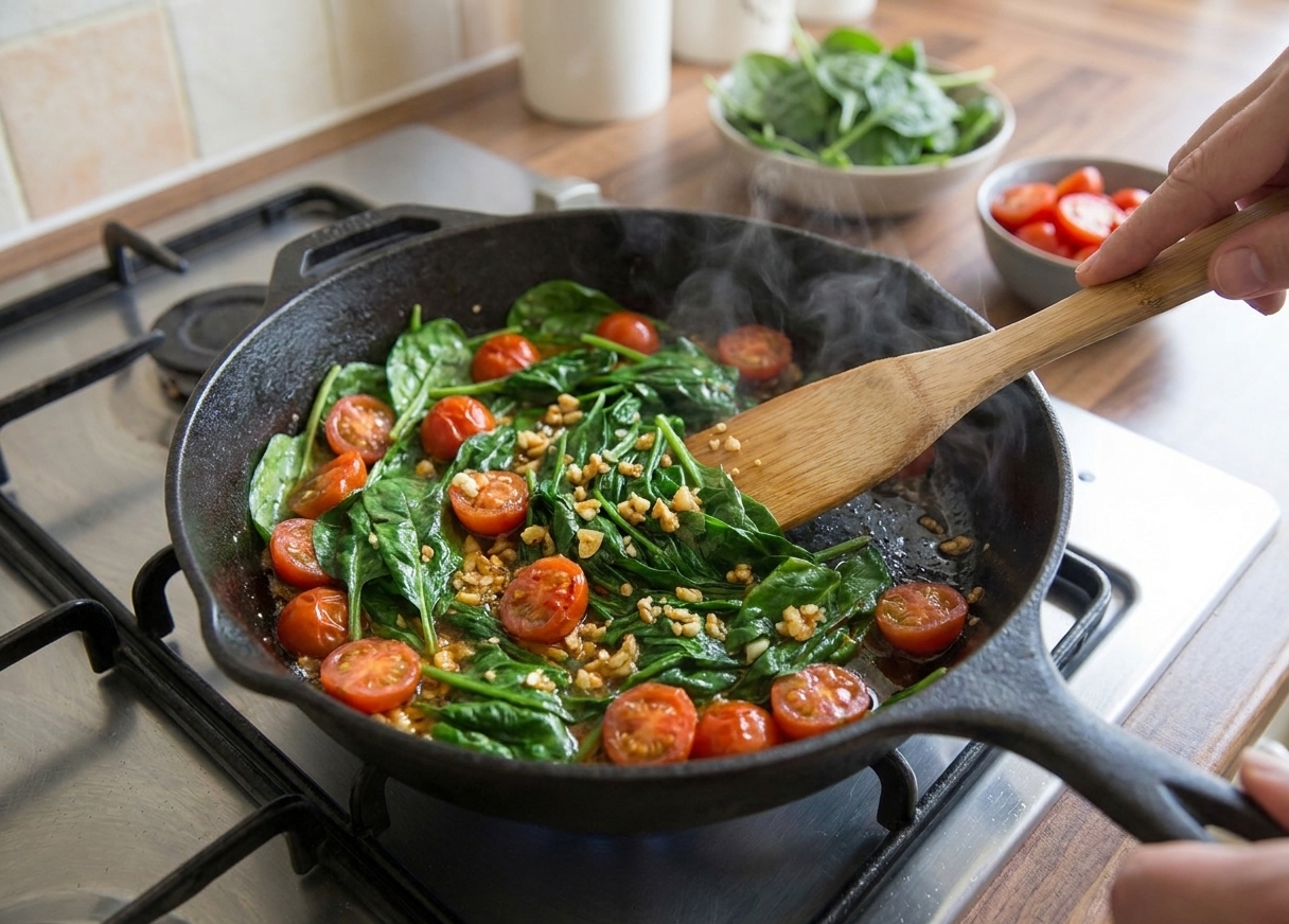 Fresh spinach and halved cherry tomatoes sautéing in a skillet with minced garlic