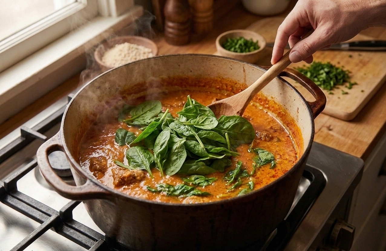 Fresh spinach being folded into a pot of egusi soup, the greens starting to wilt into the rich stew