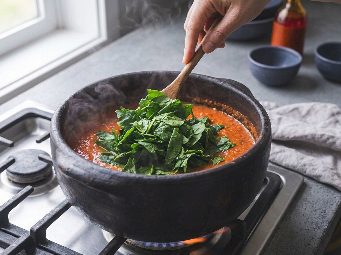 Fresh spinach being folded into a pot of thick egusi soup on the stovetop as the greens begin to wilt