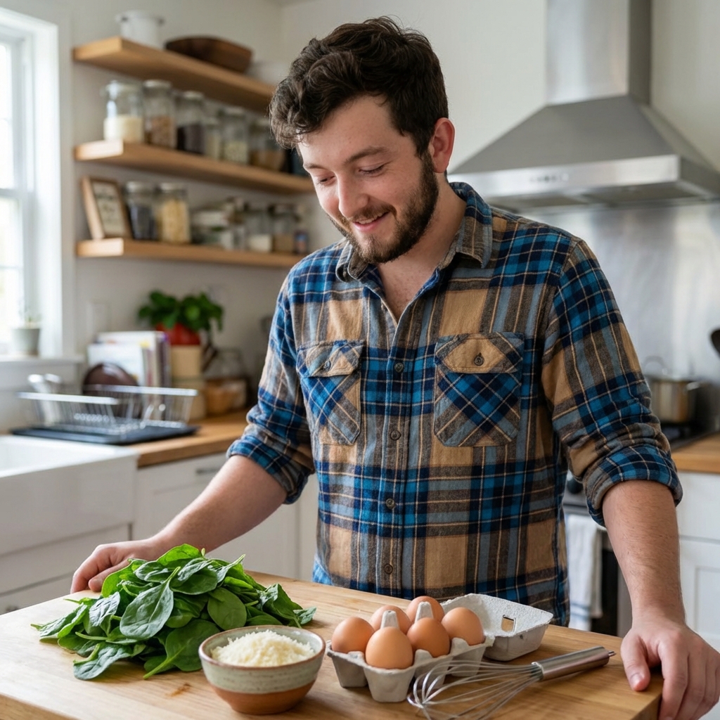 Fresh spinach leaves, eggs, and a small bowl of grated cheese on a kitchen counter