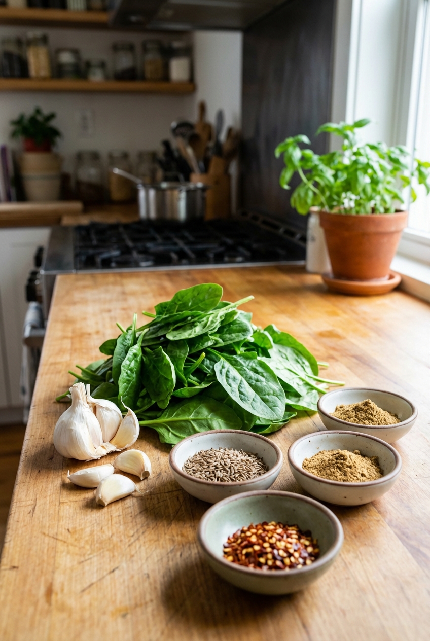 Fresh spinach leaves, garlic cloves, and small bowls of cumin, coriander, and red pepper flakes arranged on a kitchen counter