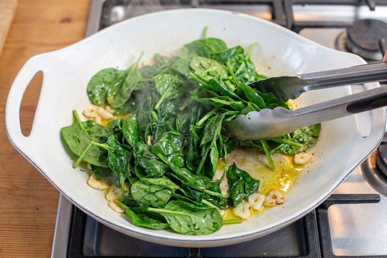 Fresh spinach leaves wilting in a hot skillet as they are tossed with tongs