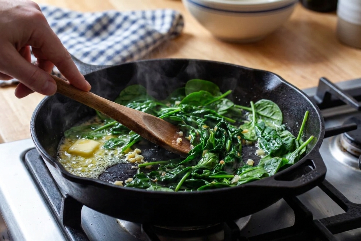 Fresh spinach wilting in a buttered skillet on a stovetop, with a wooden spoon stirring