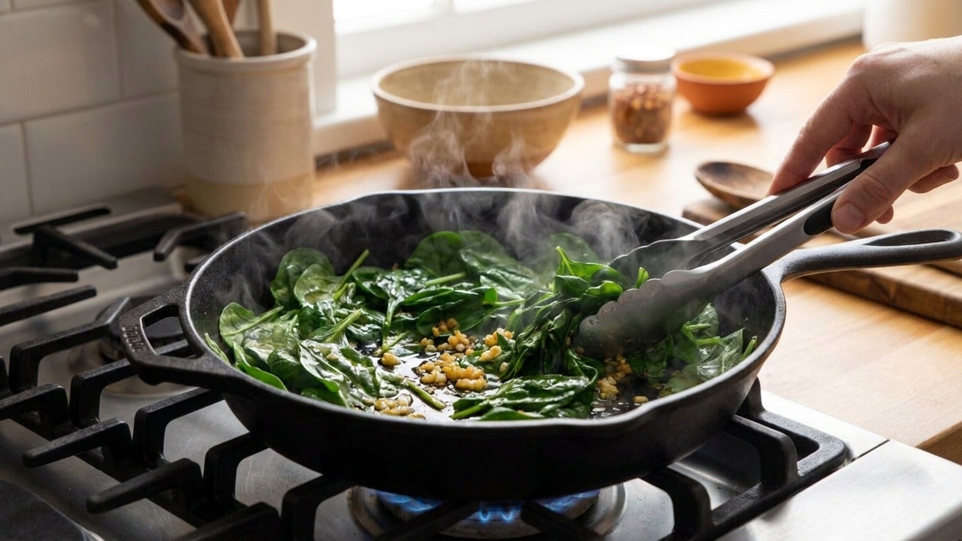 Fresh spinach wilting in a skillet with minced garlic, steam rising over a stovetop under warm kitchen lighting