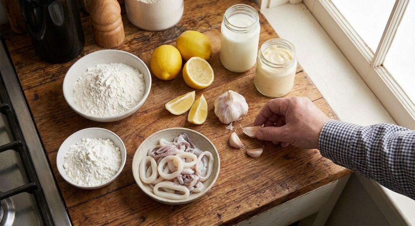 Fresh squid rings and tentacles, flour, cornstarch, lemons, garlic, buttermilk, and mayonnaise arranged on a bright kitchen counter