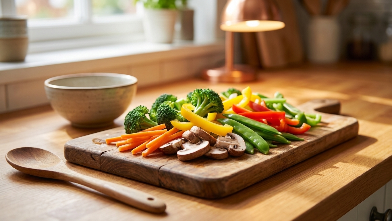 Fresh stir-fry vegetables including broccoli florets, sliced bell peppers, snap peas, carrots, and mushrooms arranged on a wooden cutting board on a bright kitchen counter