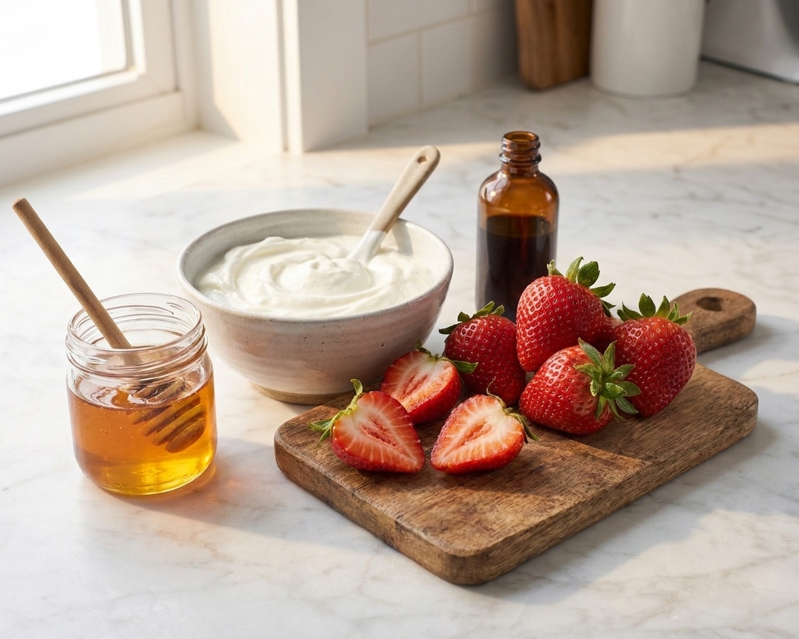 Fresh strawberries, a bowl of Greek yogurt, honey, and vanilla extract arranged on a clean kitchen counter with warm natural light