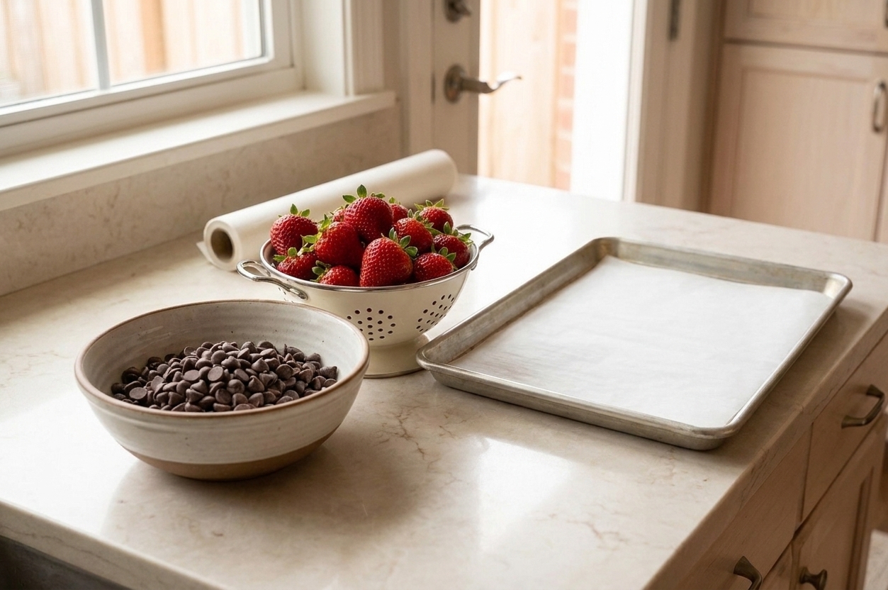 Fresh strawberries, a bowl of chocolate chips, and a parchment-lined baking sheet arranged on a tidy kitchen counter in natural light