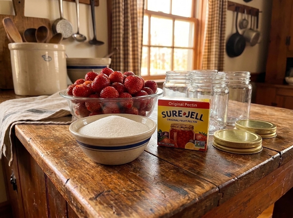 Fresh strawberries, a bowl of granulated sugar, a box of Sure Jell pectin, and clean jam jars arranged on a bright kitchen counter