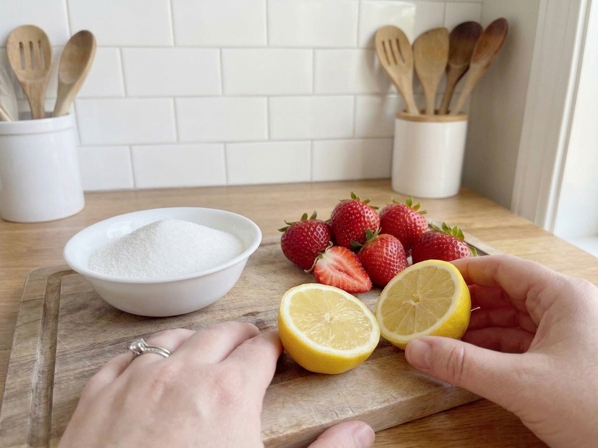 Fresh strawberries, a bowl of sugar, and a halved lemon arranged on a clean kitchen counter, ready for making syrup