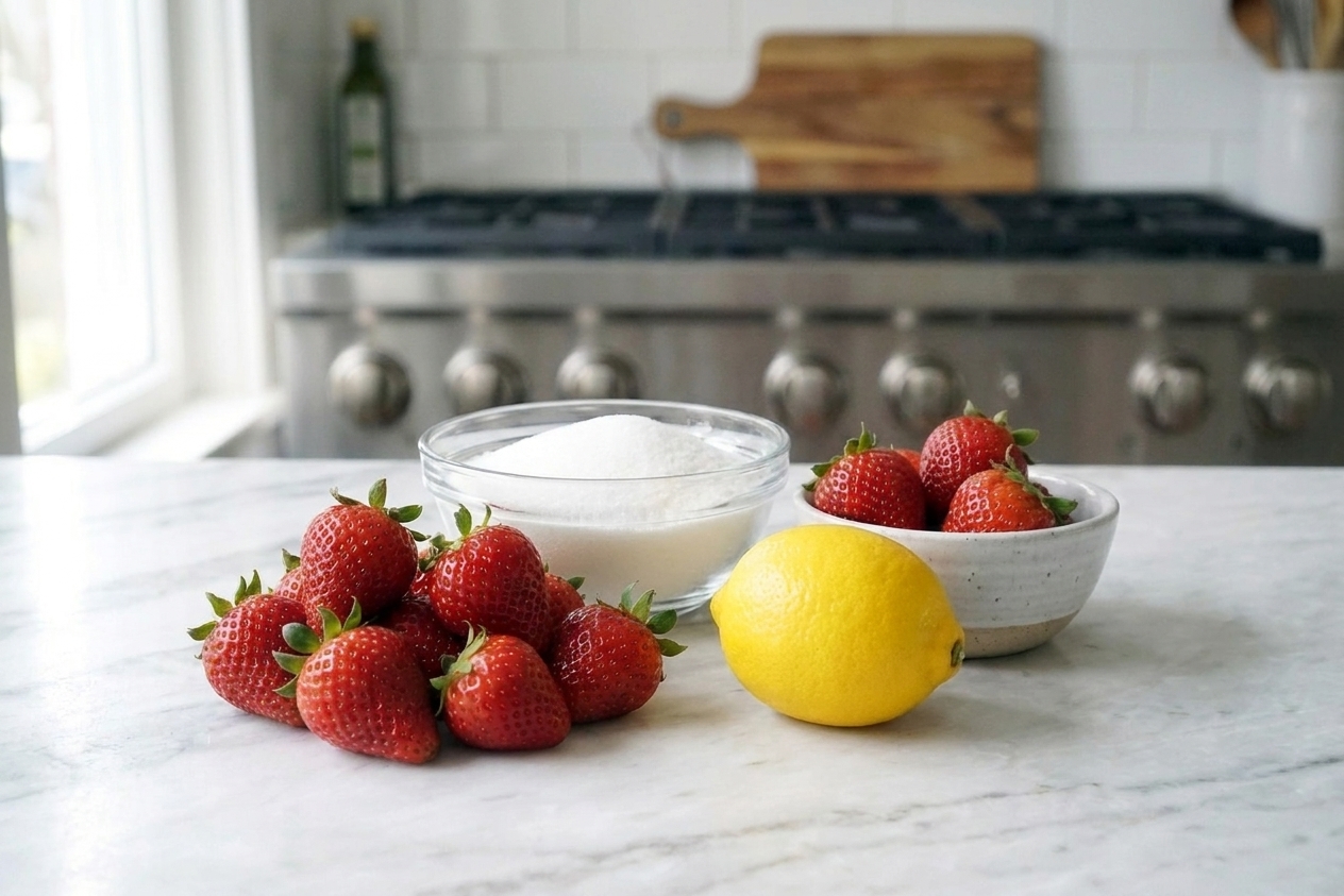 Fresh strawberries, a bowl of sugar, and a lemon arranged on a clean kitchen counter, ready for jam making