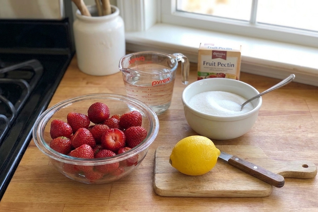 Fresh strawberries, a lemon, a bowl of sugar, a measuring cup of water, and a box of fruit pectin arranged on a tidy kitchen counter in natural light