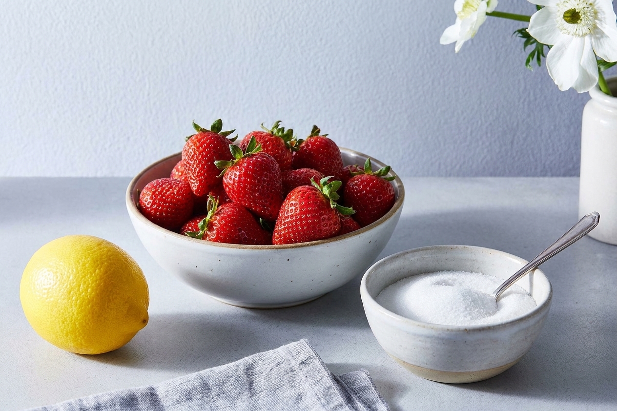 Fresh strawberries, a lemon, and a bowl of granulated sugar on a clean kitchen counter ready for macerating