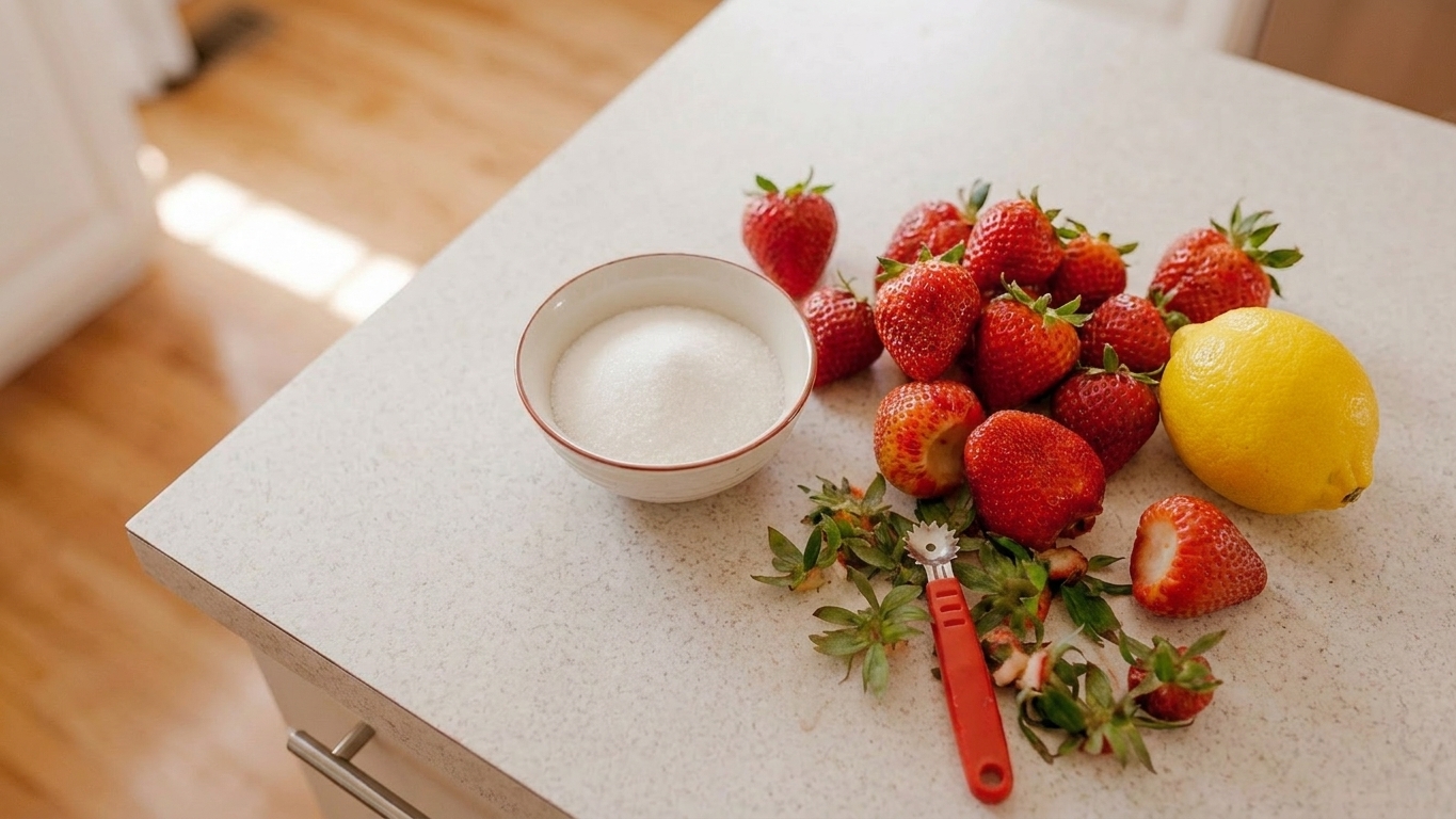 Fresh strawberries, a lemon, and a small bowl of sugar arranged and ready for cooking