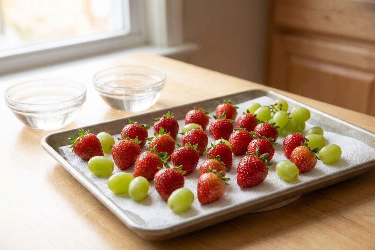 Fresh strawberries and green grapes rinsed and laid out in a single layer on a paper towel-lined baking sheet to dry