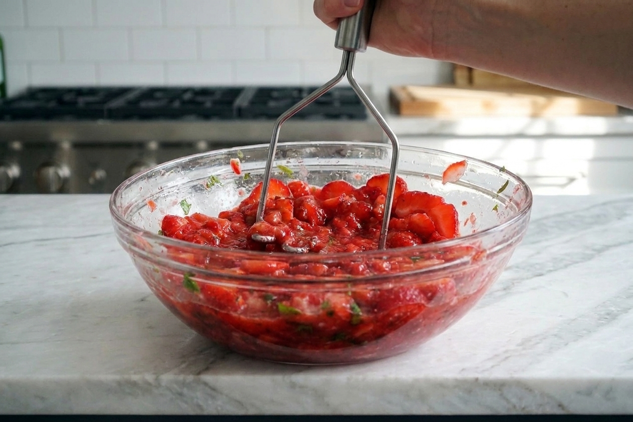 Fresh strawberries being crushed with a potato masher in a large bowl until chunky and juicy