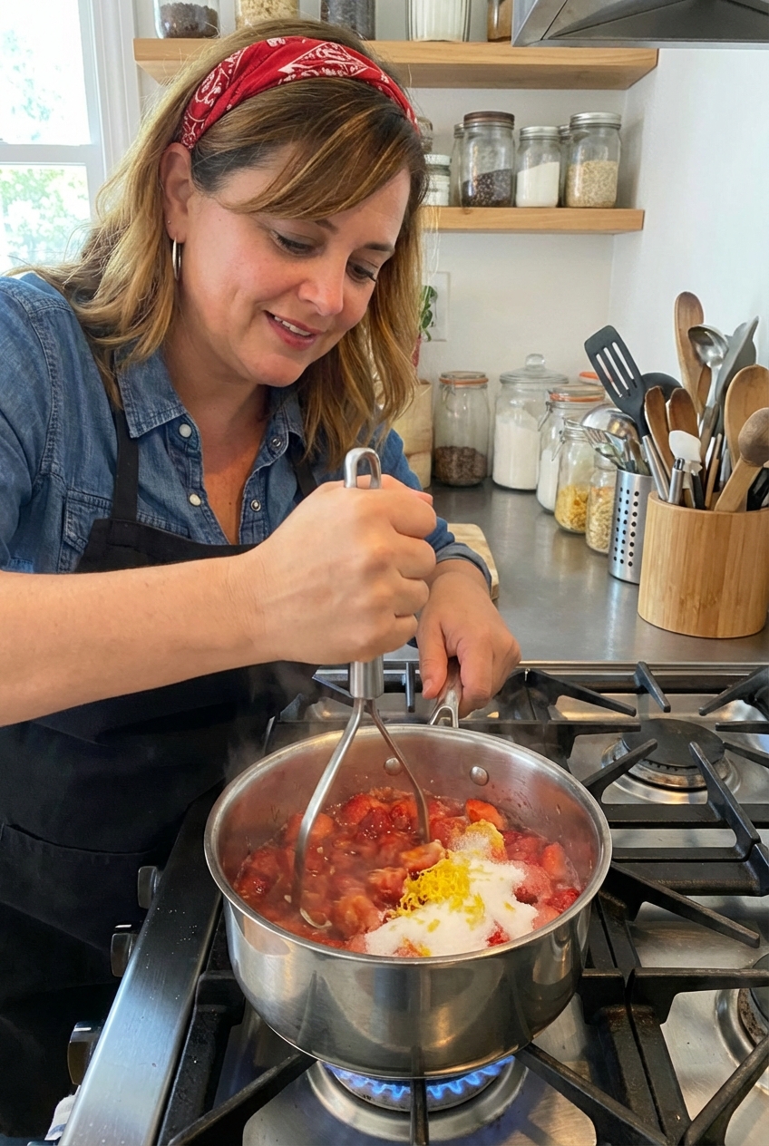 Fresh strawberries being mashed in a saucepan with sugar and lemon zest on a stovetop