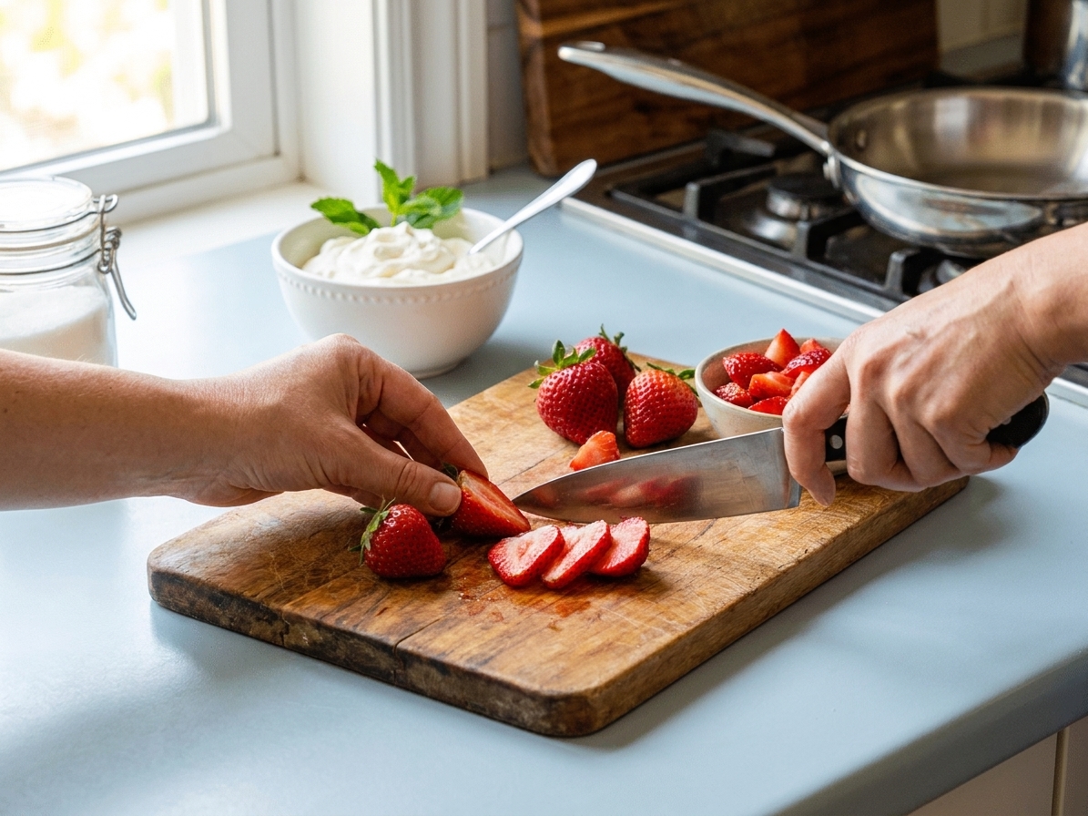 Fresh strawberries being sliced on a wooden cutting board with a chef’s knife on a bright kitchen counter