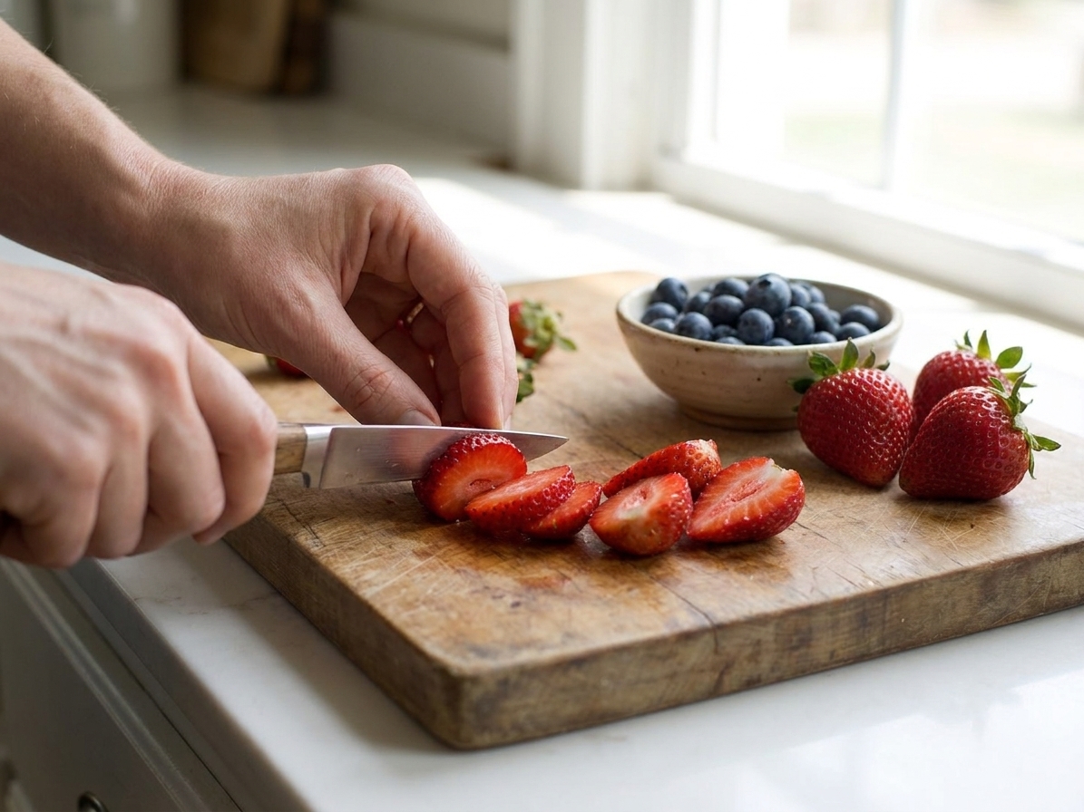 Fresh strawberries being sliced on a wooden cutting board with blueberries nearby on a bright kitchen counter