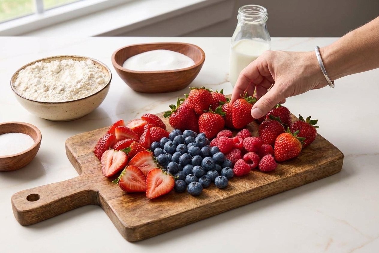 Fresh strawberries, blueberries, and raspberries arranged on a wooden cutting board beside bowls of flour, sugar, and a carton of heavy cream on a kitchen counter
