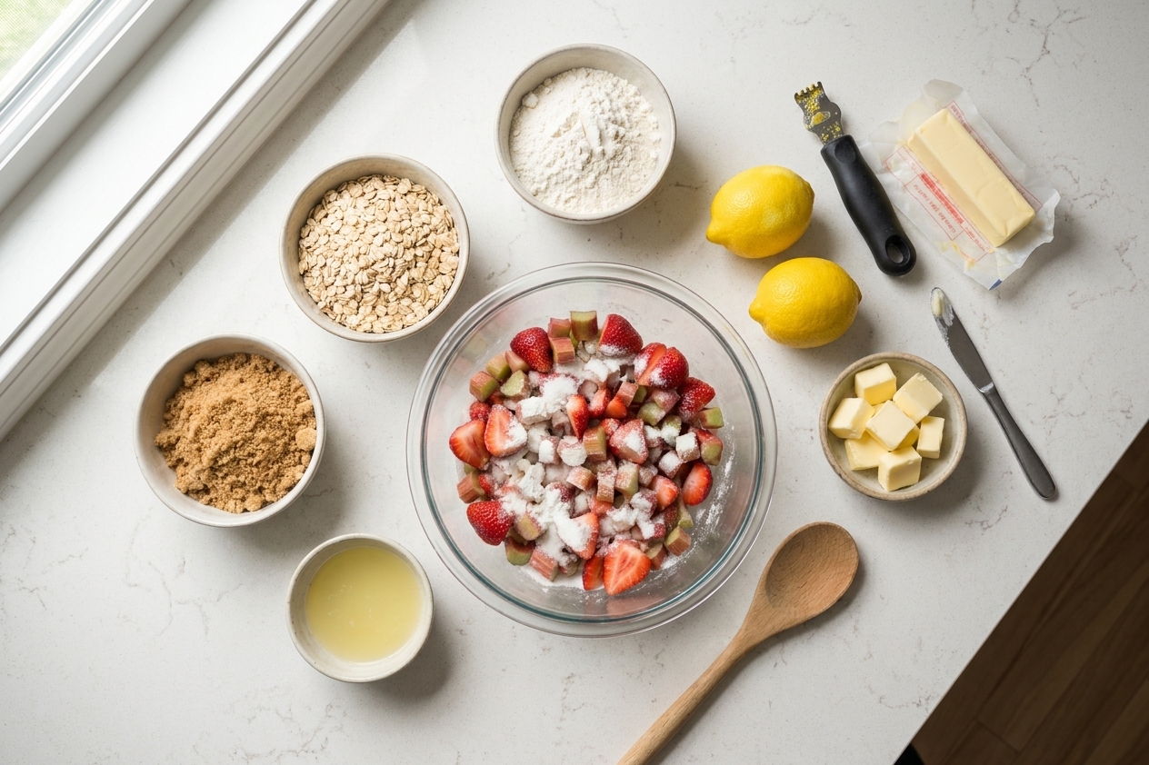 Fresh strawberries, chopped rhubarb, sugar, flour, oats, butter, and lemons arranged on a bright kitchen counter for baking prep