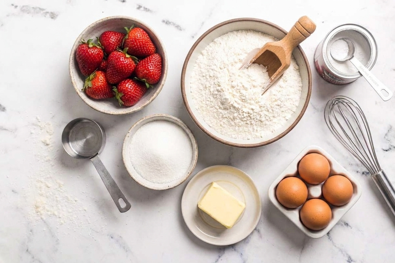 Fresh strawberries, flour, sugar, butter, eggs, and baking powder arranged on a light kitchen counter, ready to bake