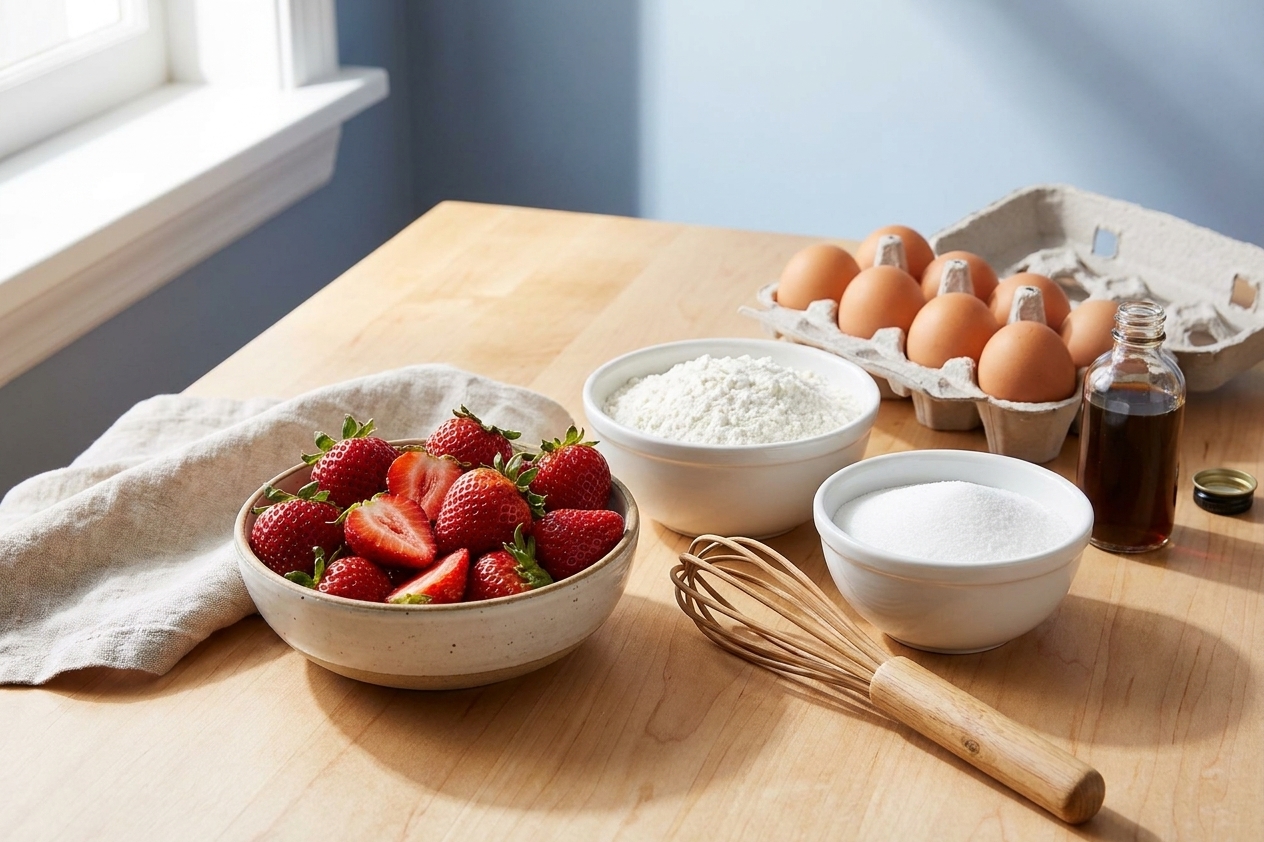 Fresh strawberries, flour, sugar, eggs, and vanilla arranged on a bright kitchen counter ready for baking