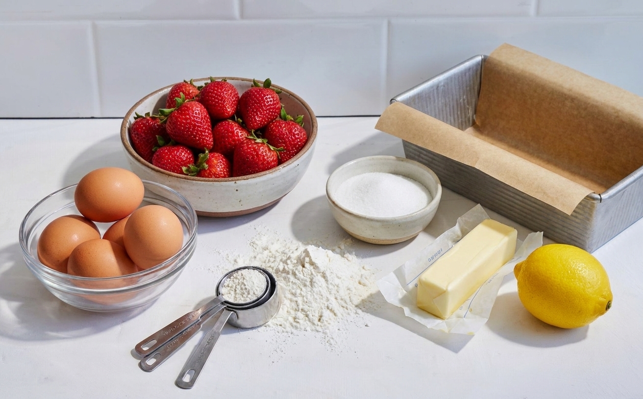 Fresh strawberries, flour, sugar, eggs, butter, and a lemon arranged on a light kitchen counter with measuring cups and a loaf pan nearby