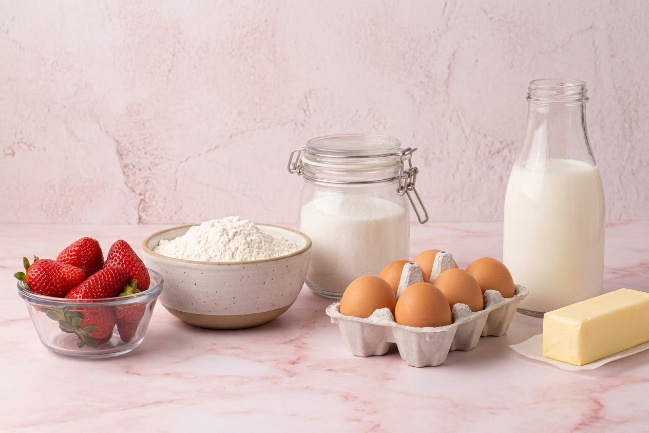 Fresh strawberries, flour, sugar, eggs, milk, and butter arranged on a clean kitchen counter, ready for baking