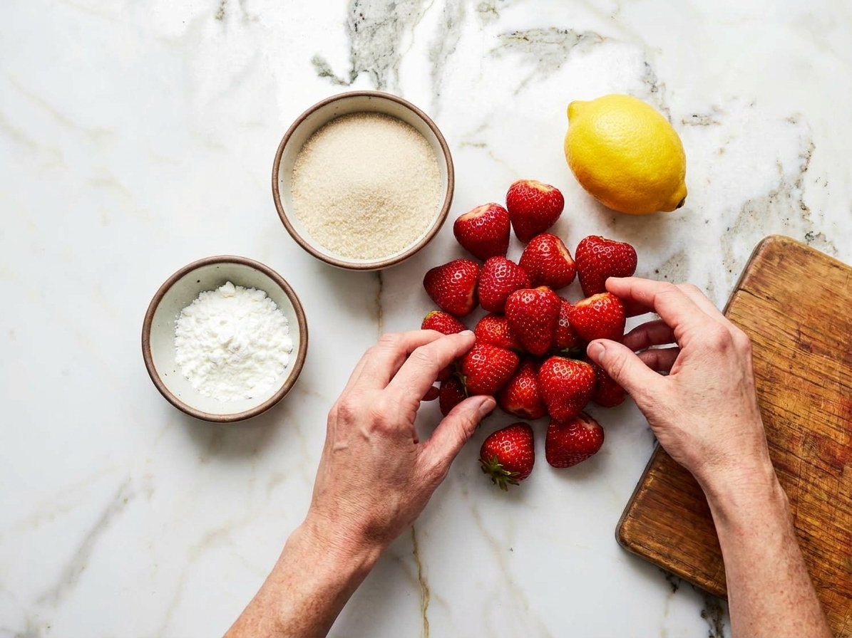 Fresh strawberries, granulated sugar, a lemon, and a small bowl of cornstarch arranged on a clean kitchen counter in natural light