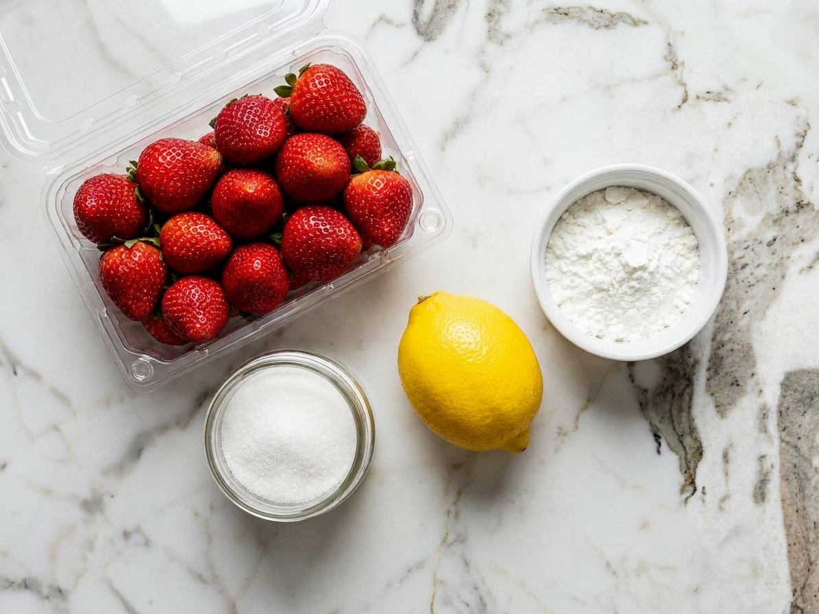 Fresh strawberries, granulated sugar, a lemon, and a small bowl of cornstarch arranged on a clean kitchen counter in natural light