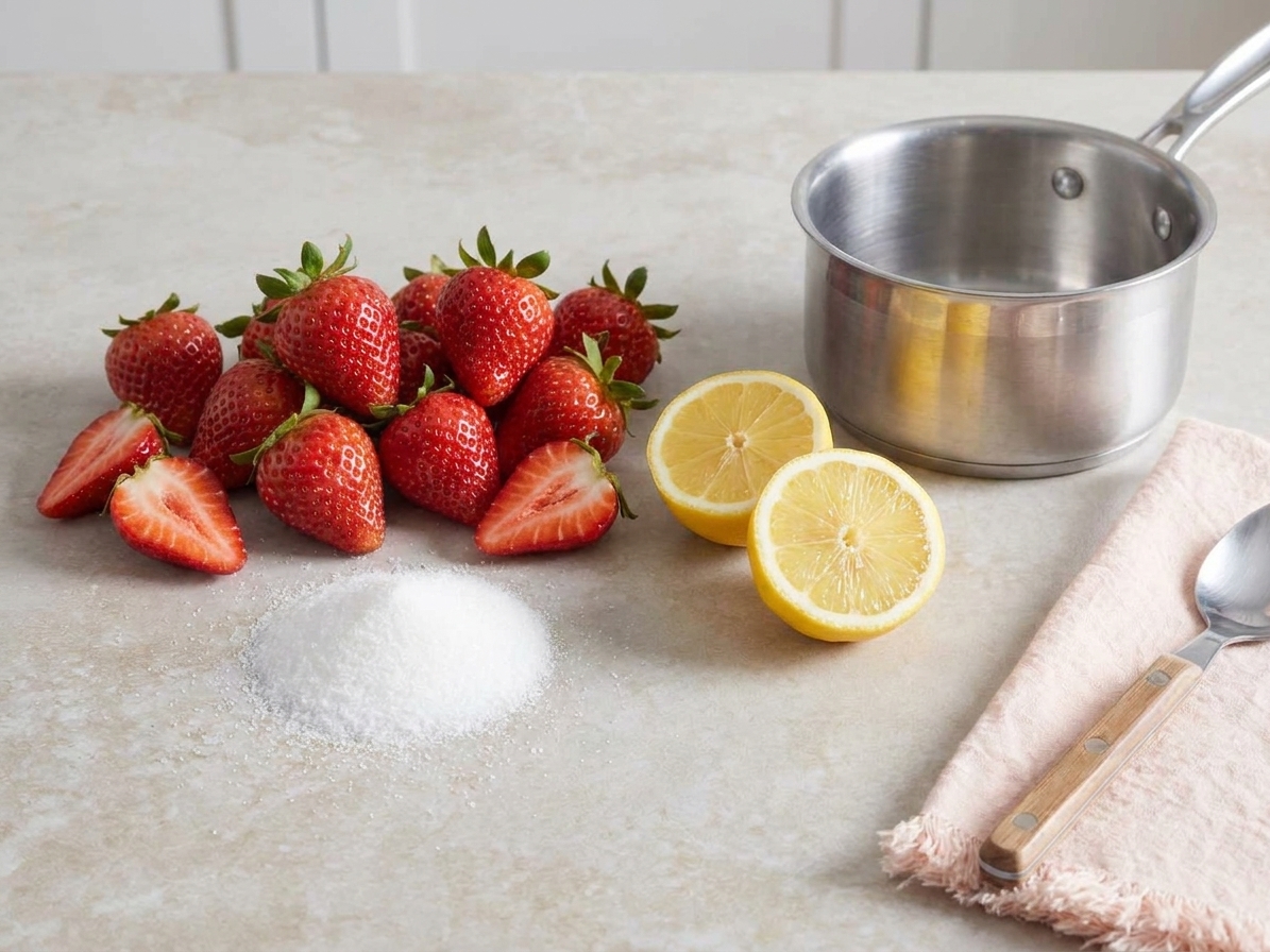 Fresh strawberries, granulated sugar, and a halved lemon arranged beside a small saucepan on a clean kitchen counter in bright natural light